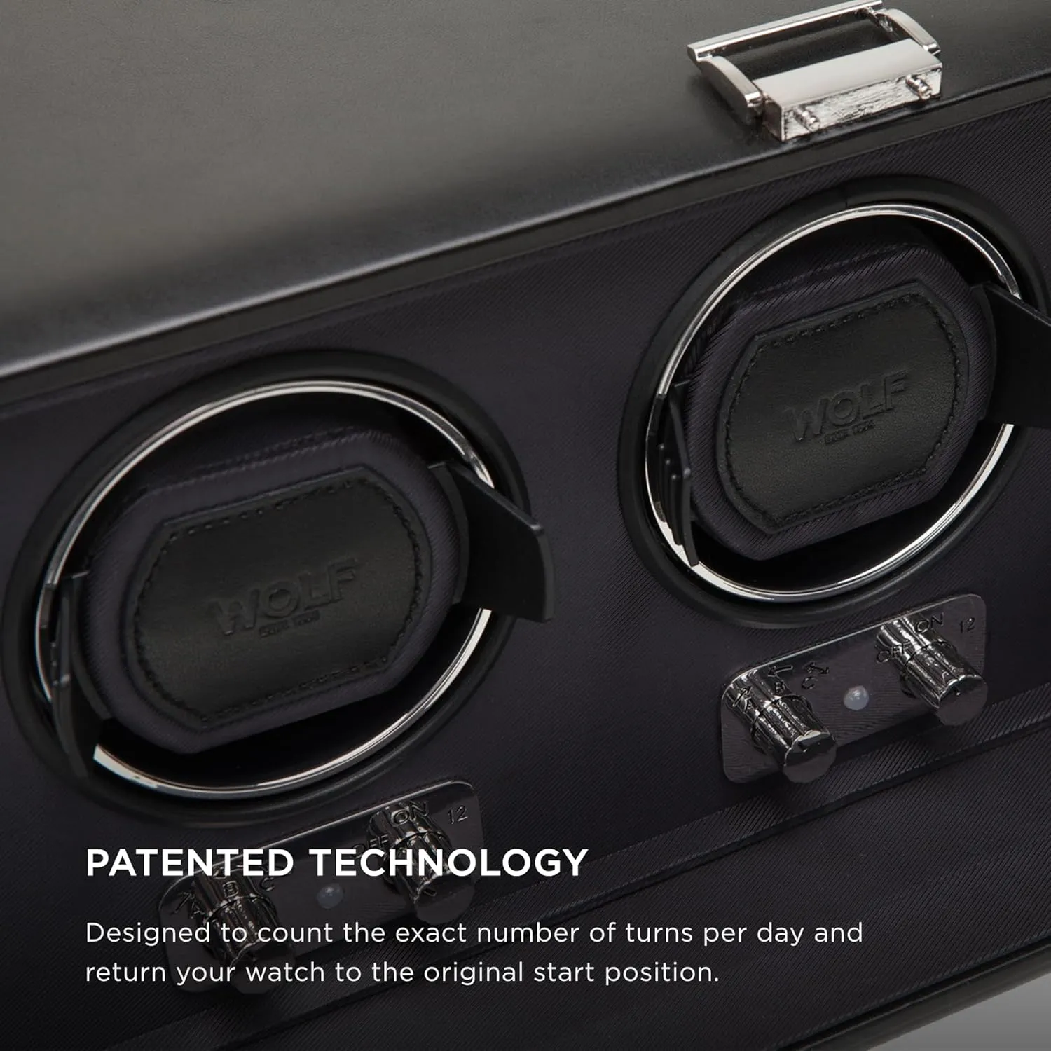 Wolf Heritage Triple Winder with Glass Cover, Black - Secure Fit with Patented Lock-in Dynamic Cuff - for Bigger, Heavier Watches - Vegan Leather - Includes Universal Adapter