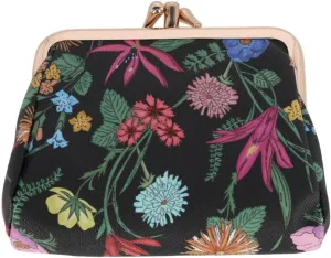 Women's Vegan Leather Triple Frame Coin Purse Wallet, Black Botanical