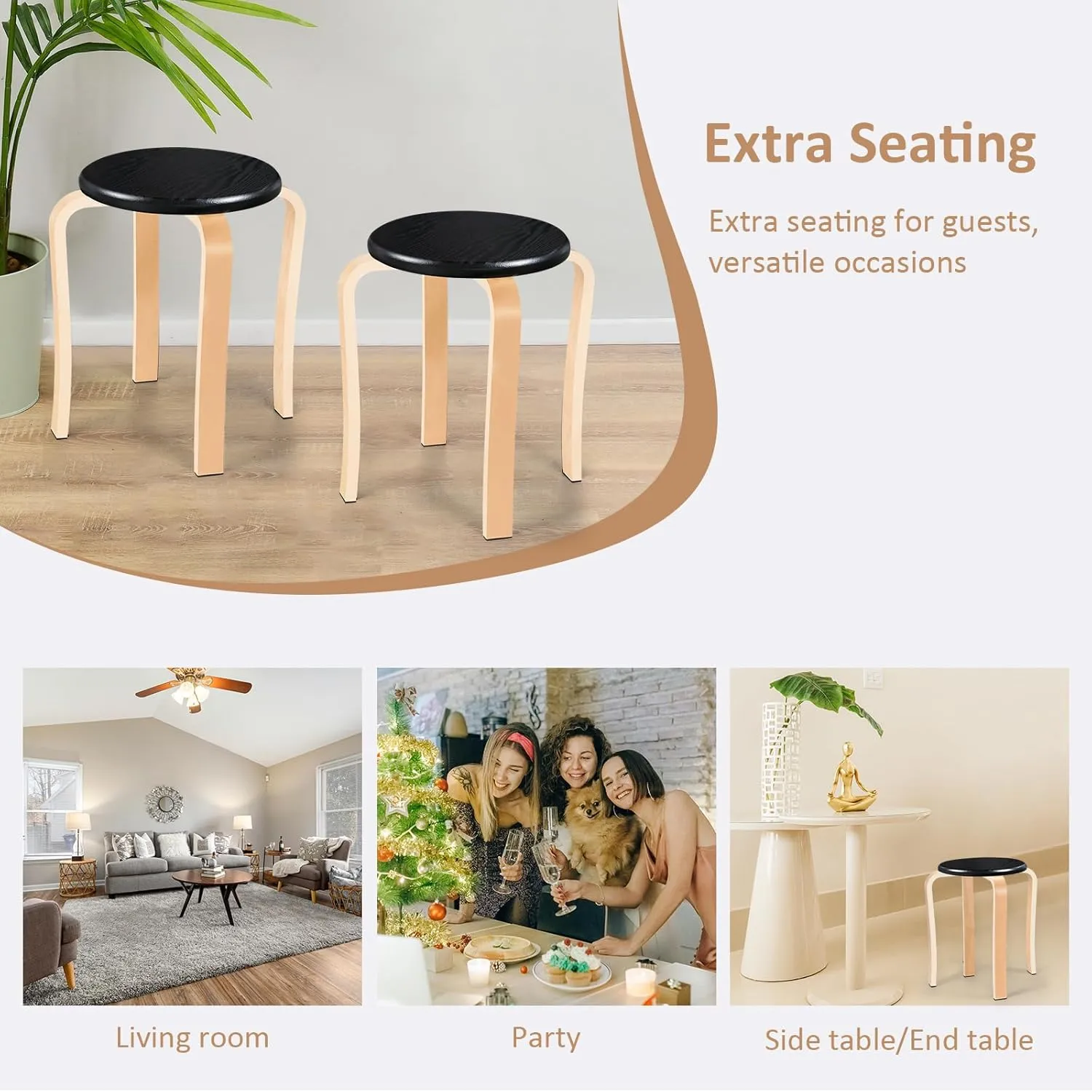 Wood Stools, Set of 2 Wooden Stackable Stool Extra Seating for Kids, Guests, Portable Round 16.5-Inch, Counter Height Stools for Living Room, Backyard, Classroom, Kitchen, Pland Stand, Apartment
