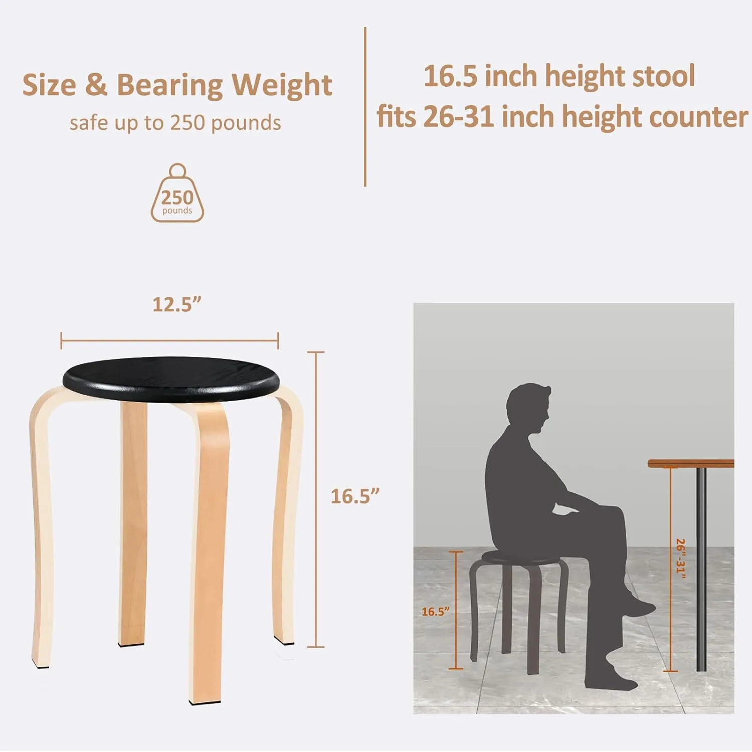 Wood Stools, Set of 2 Wooden Stackable Stool Extra Seating for Kids, Guests, Portable Round 16.5-Inch, Counter Height Stools for Living Room, Backyard, Classroom, Kitchen, Pland Stand, Apartment