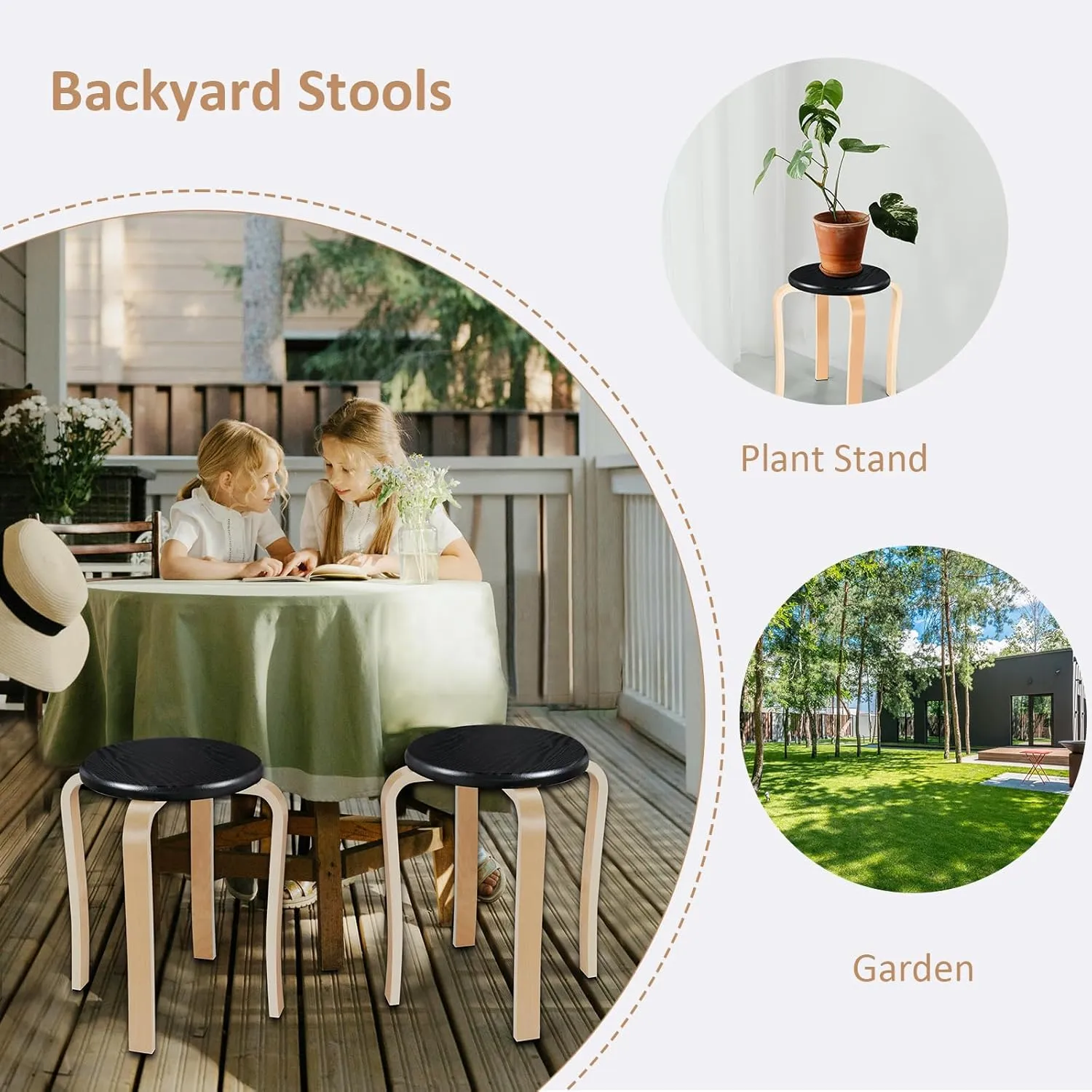 Wood Stools, Set of 2 Wooden Stackable Stool Extra Seating for Kids, Guests, Portable Round 16.5-Inch, Counter Height Stools for Living Room, Backyard, Classroom, Kitchen, Pland Stand, Apartment