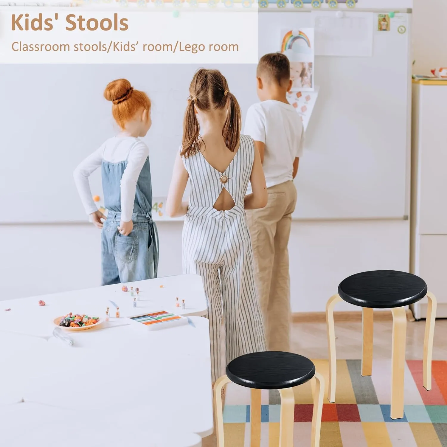 Wood Stools, Set of 2 Wooden Stackable Stool Extra Seating for Kids, Guests, Portable Round 16.5-Inch, Counter Height Stools for Living Room, Backyard, Classroom, Kitchen, Pland Stand, Apartment