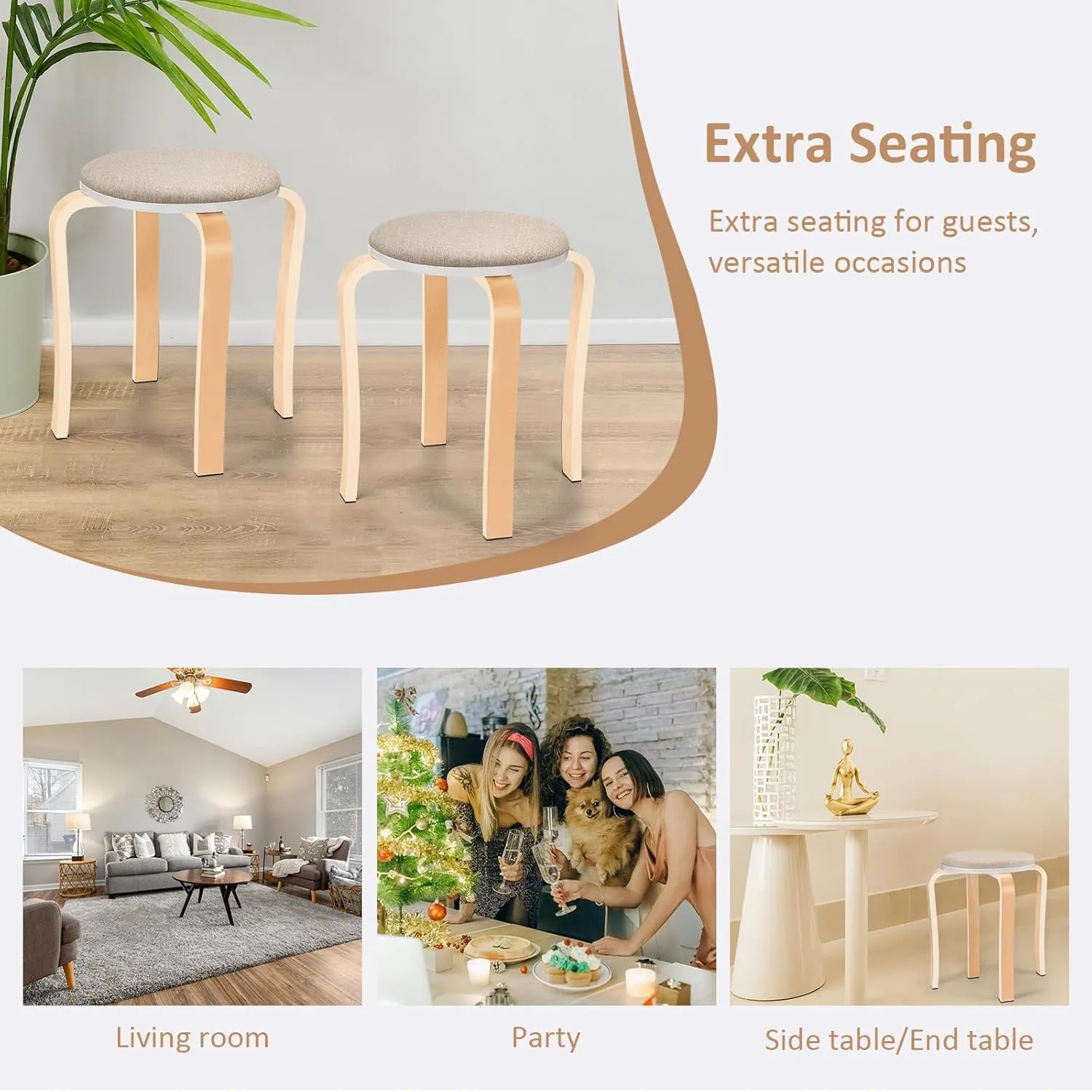 Wood Stools, Set of 2 Wooden Stackable Stool Extra Seating for Kids, Guests, Portable Round 16.5-Inch, Counter Height Stools for Living Room, Backyard, Classroom, Kitchen, Pland Stand, Apartment