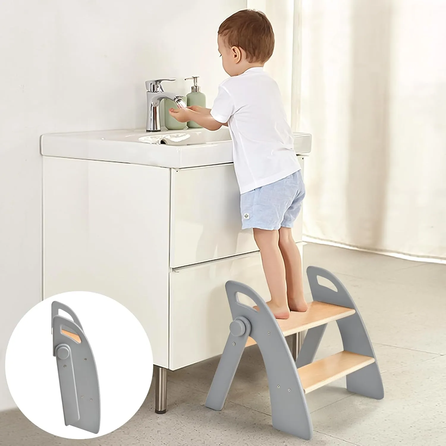 Wooden 2 Step Stool for Kids Bathroom Sink Foldable Anti-Slip 2-Step for Toilet Potty Training, Child Stepping Stool for Kitchen Nursery Bedroom, Sturdy Non Slip Adult Stool for Closet Grey