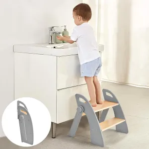 Wooden 2 Step Stool for Kids Bathroom Sink Foldable Anti-Slip 2-Step for Toilet Potty Training, Child Stepping Stool for Kitchen Nursery Bedroom, Sturdy Non Slip Adult Stool for Closet Grey
