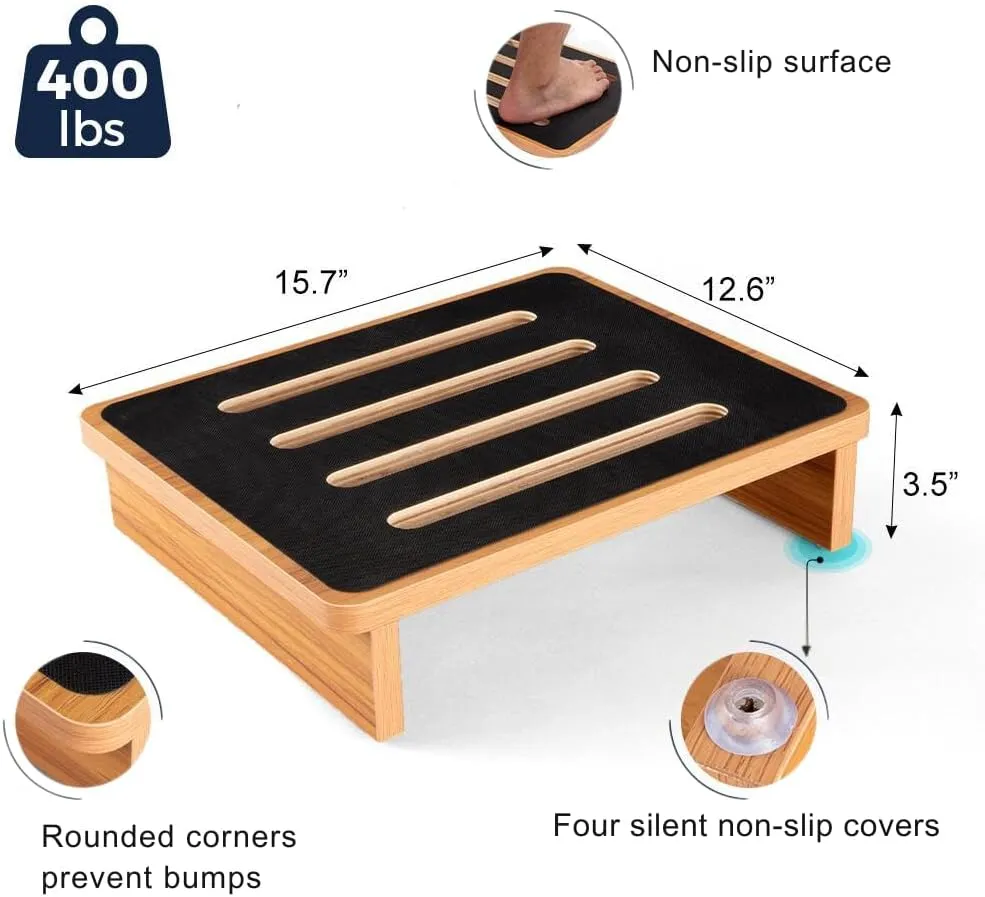 Wooden One Step Stool, Non-Slip Short Stool for Adults, Elderly, 15.75"D x 12.6"W x 3.5"H, 400 lbs Capacity, Slatted Design for Breathability, Compact Foot Stool for Home, Kitchen, Office