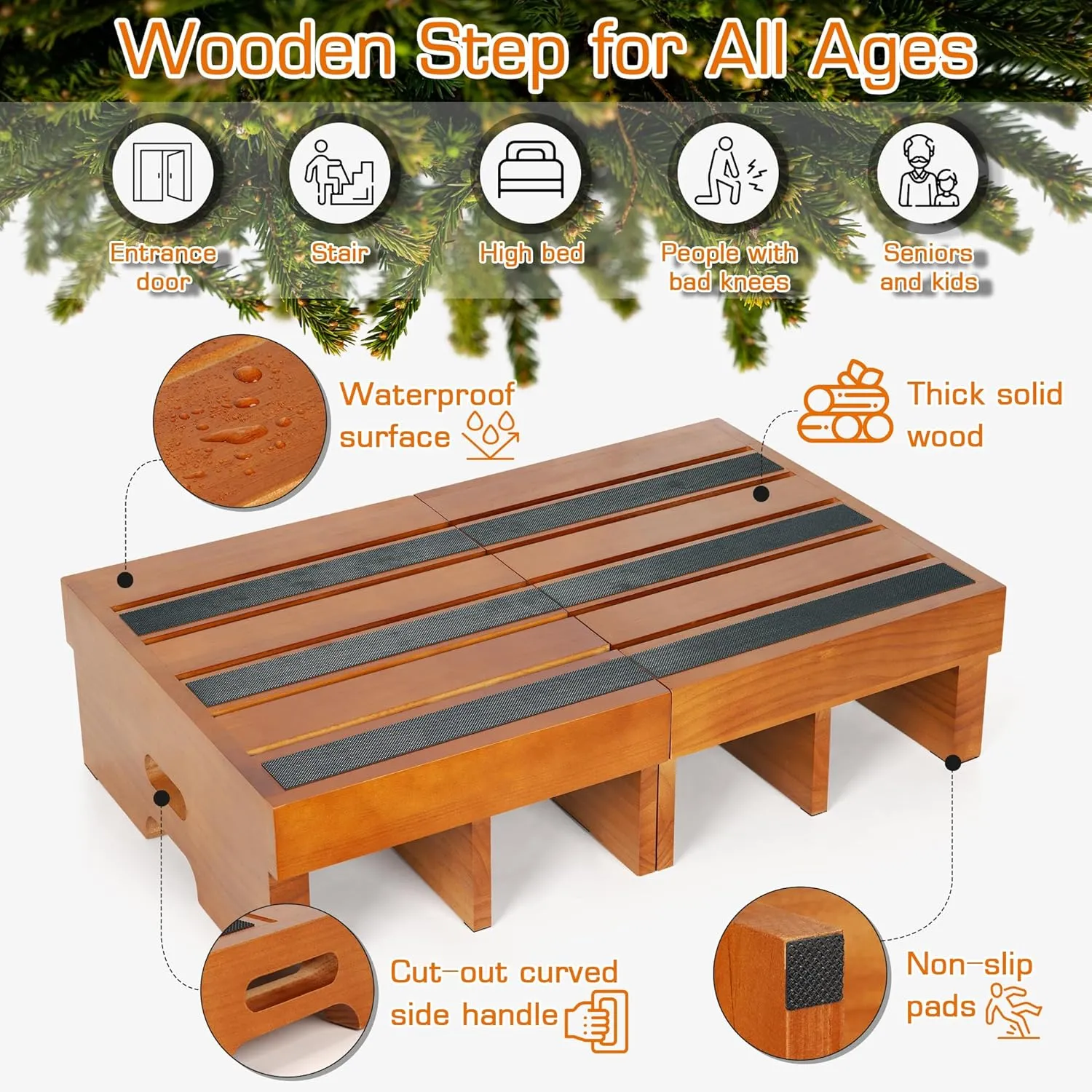 Wooden Step Stool, 6.5" One Step Stool, Non-Slip Outdoor Steps, Heavy Duty Wooden Platform Mobility Step, Half Steps for Seniors Adults with Bad Knee (6.5" Height)