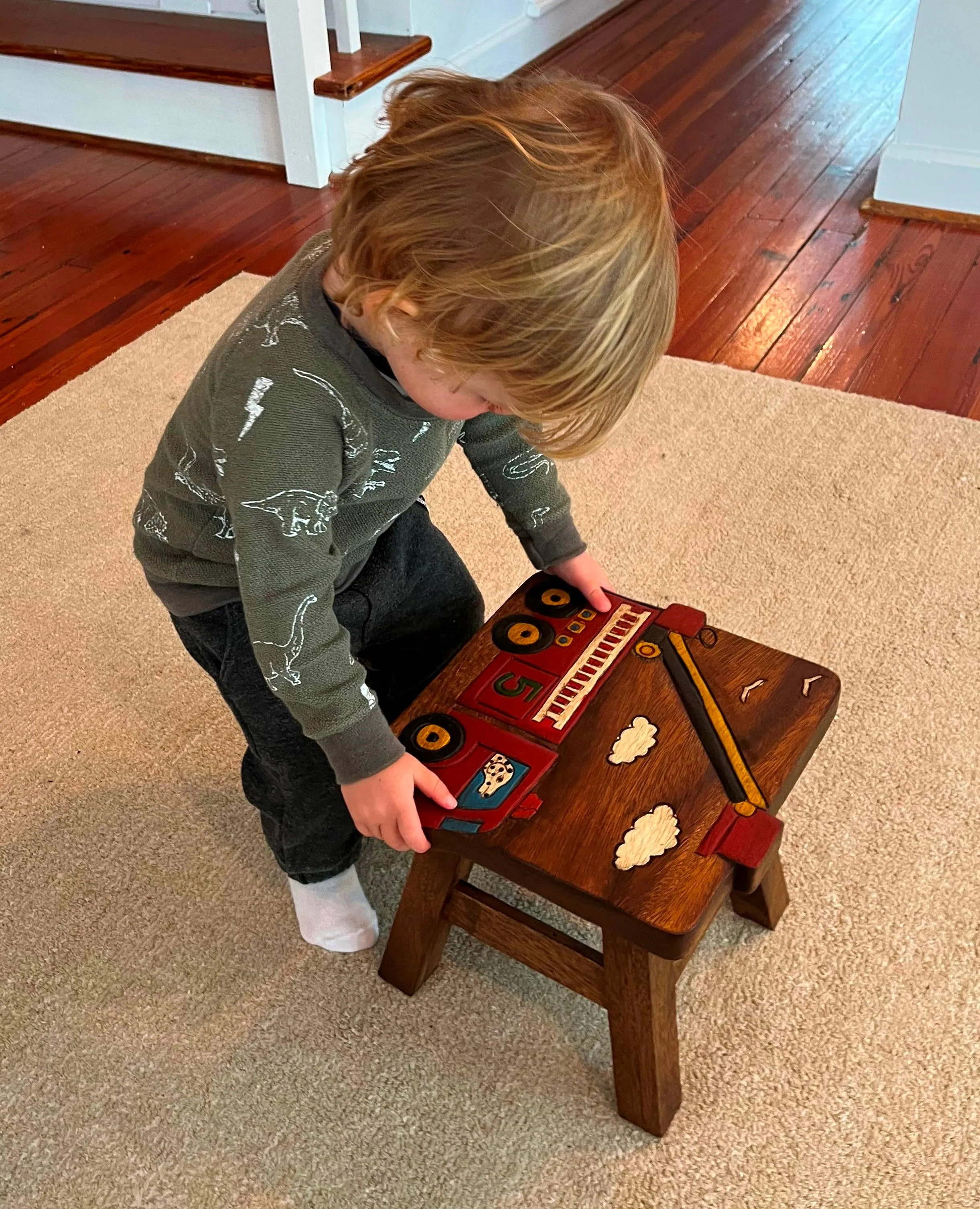 Wooden Stool with Fire Truck Carving – Kids Room Decor | Unique Gifts