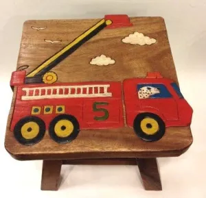 Wooden Stool with Fire Truck Carving – Kids Room Decor | Unique Gifts
