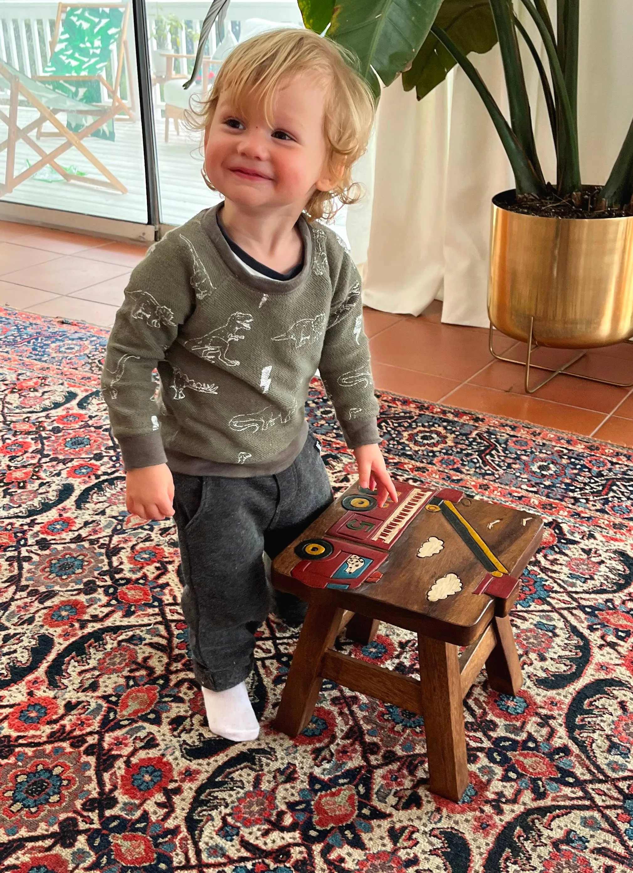 Wooden Stool with Fire Truck Carving – Kids Room Decor | Unique Gifts