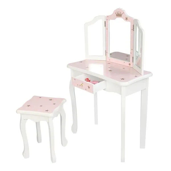Wooden Toy Children's Dressing Table Three Foldable Mirror/Chair/Single Drawer Pink Star Style *