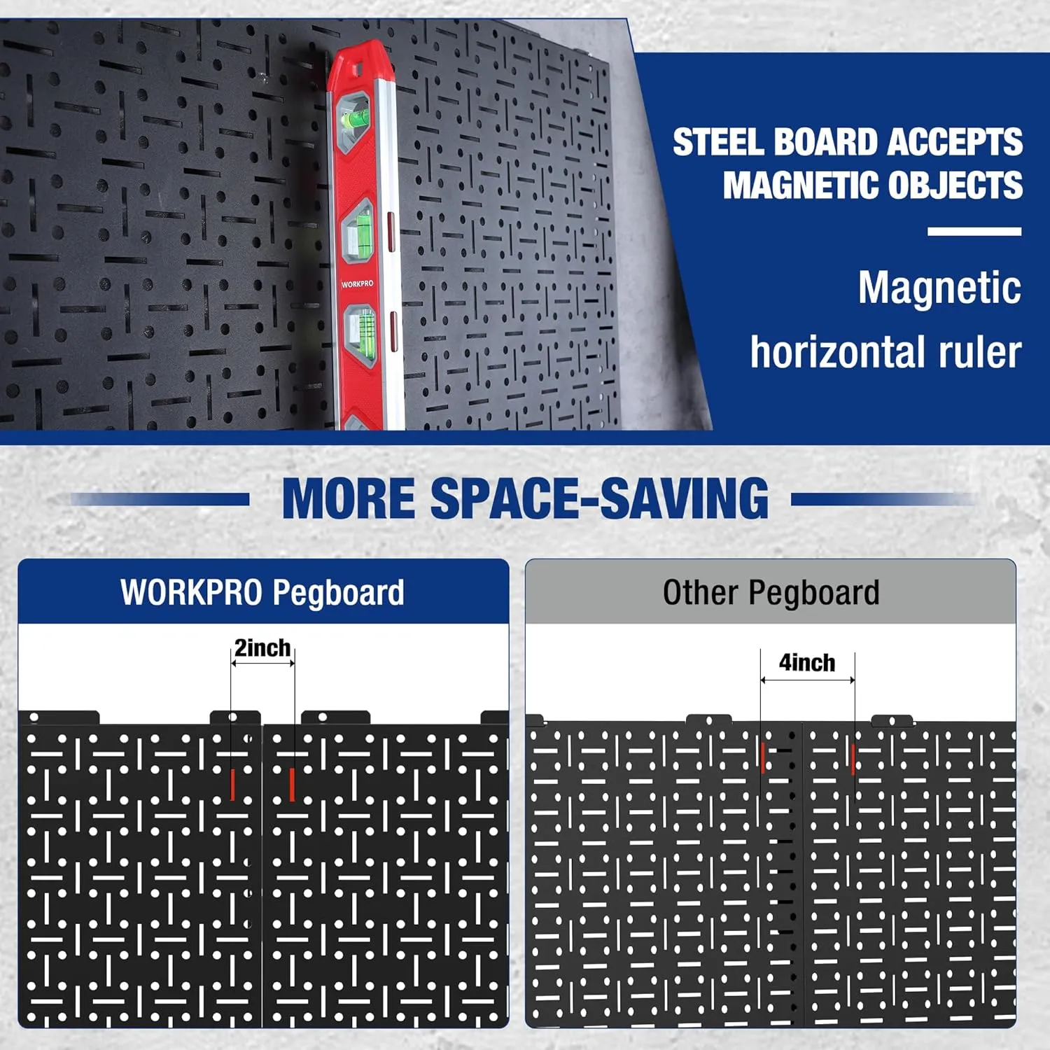 WORKPRO Metal Pegboard 16”x 32” Steel Panel with Round Holes & Vertical Slots, Black Heavy Duty Garage Peg Board Wall Pegboard Organizer for Wood Working Work Shop, Craft Room, 2 Pack