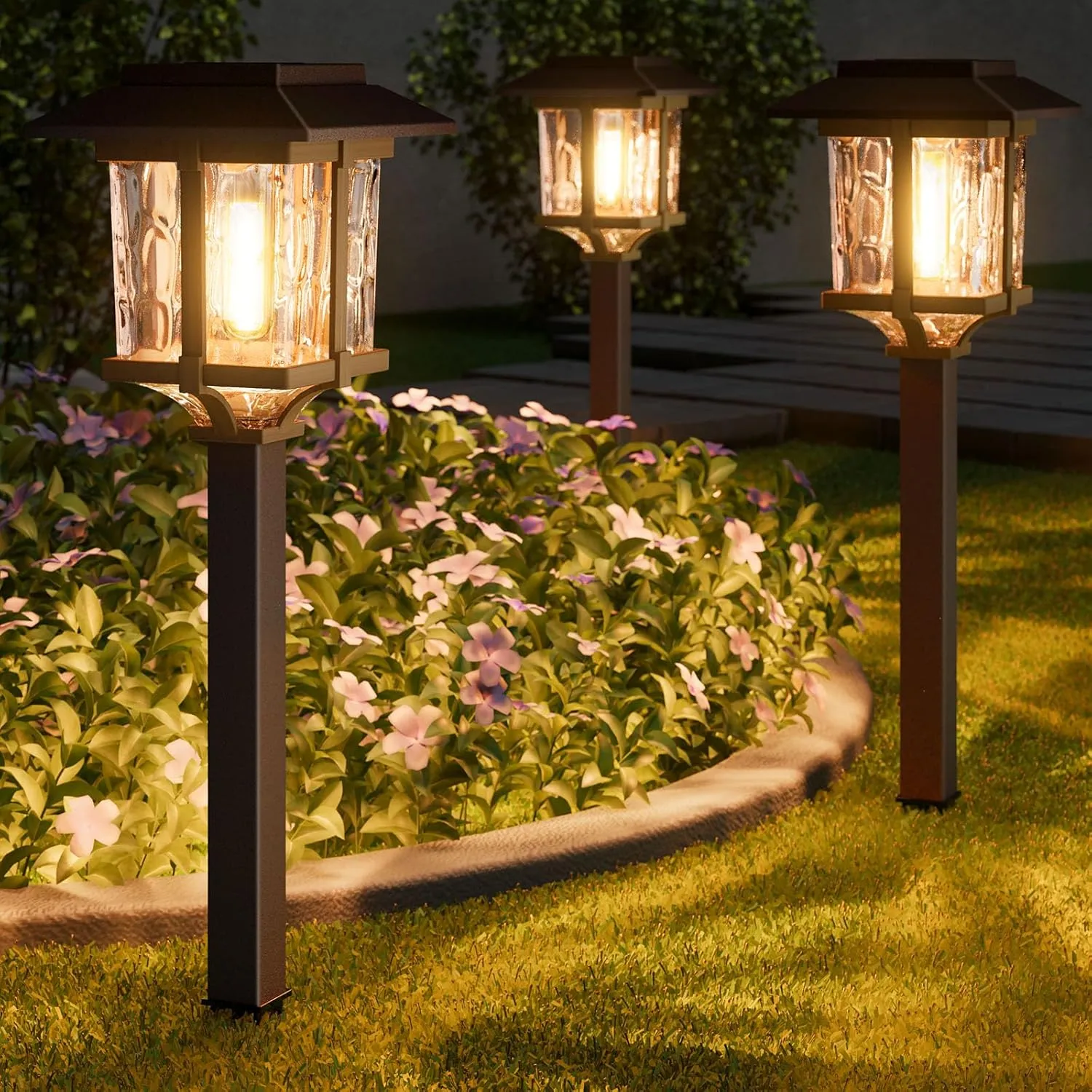 XMCOSY  Solar Pathway Lights Outdoor, 20 LM 2-Tone Bronze & Wood Colour LED Waterproof IP65 Garden Lighting for Yard Stainless Steel & Glass Solar Powered Landscape Walkway Driveway Decor (Warm White)