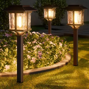 XMCOSY  Solar Pathway Lights Outdoor, 20 LM 2-Tone Bronze & Wood Colour LED Waterproof IP65 Garden Lighting for Yard Stainless Steel & Glass Solar Powered Landscape Walkway Driveway Decor (Warm White)