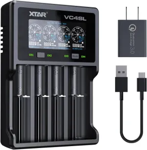 XTAR VC4SL Battery Charger,Included QC3.0 Adapter Charge Liion and Ni-MH Battery at a time 3A Fast Charger, 4 Bay Rechargeable Battery Charger 1.2V Ni-MH Package Not Included Any Battery