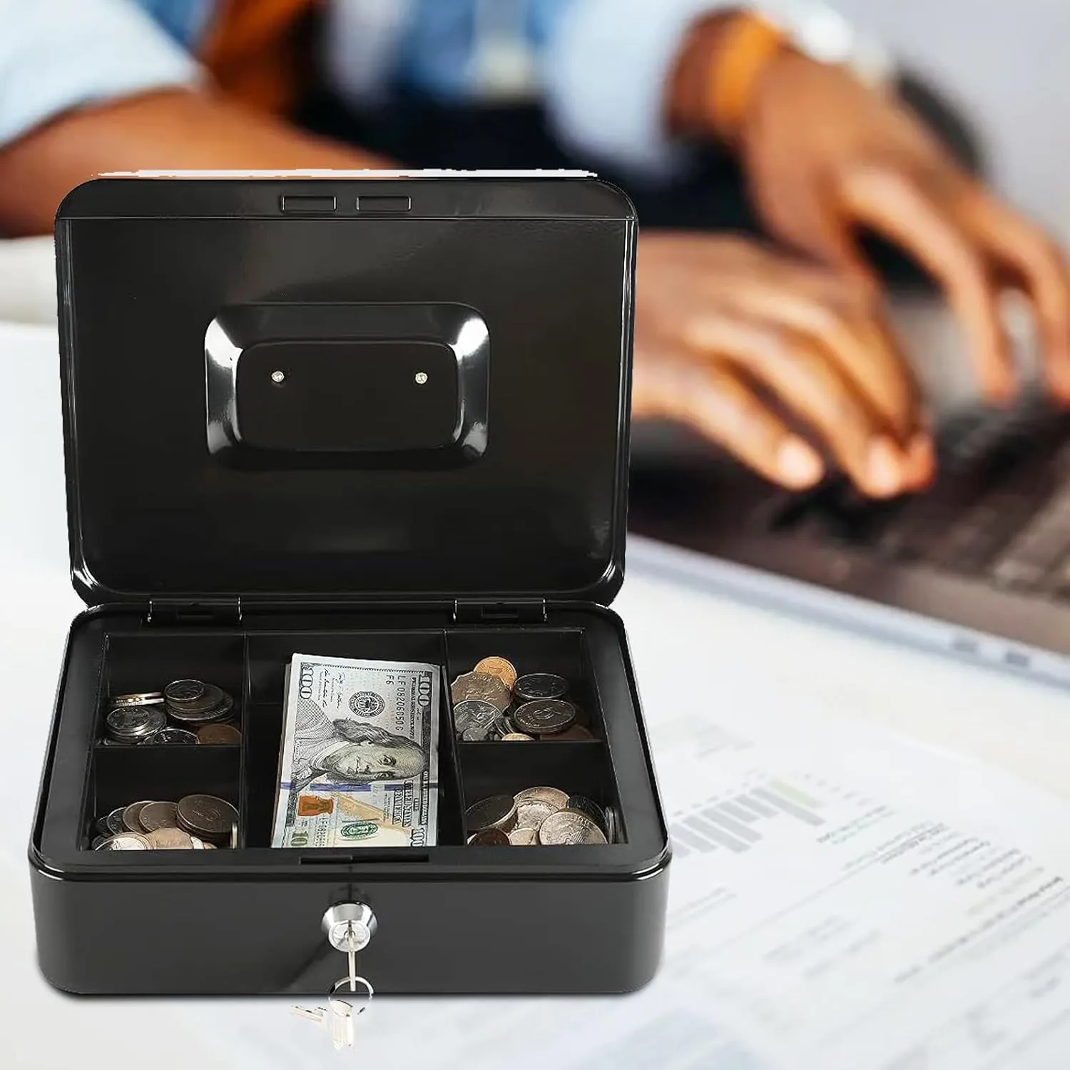 xydled Locking Steel Large Cash Box with Removable Coin Tray and Key Lock,9.84"x 7.87"x 3.54",Black