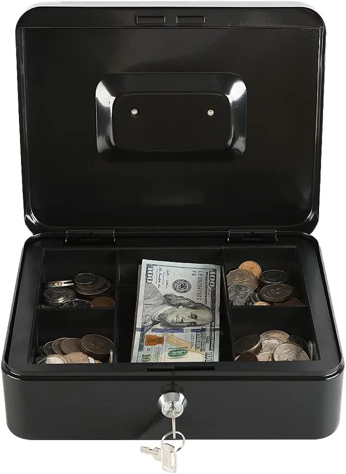 xydled Locking Steel Large Cash Box with Removable Coin Tray and Key Lock,9.84"x 7.87"x 3.54",Black