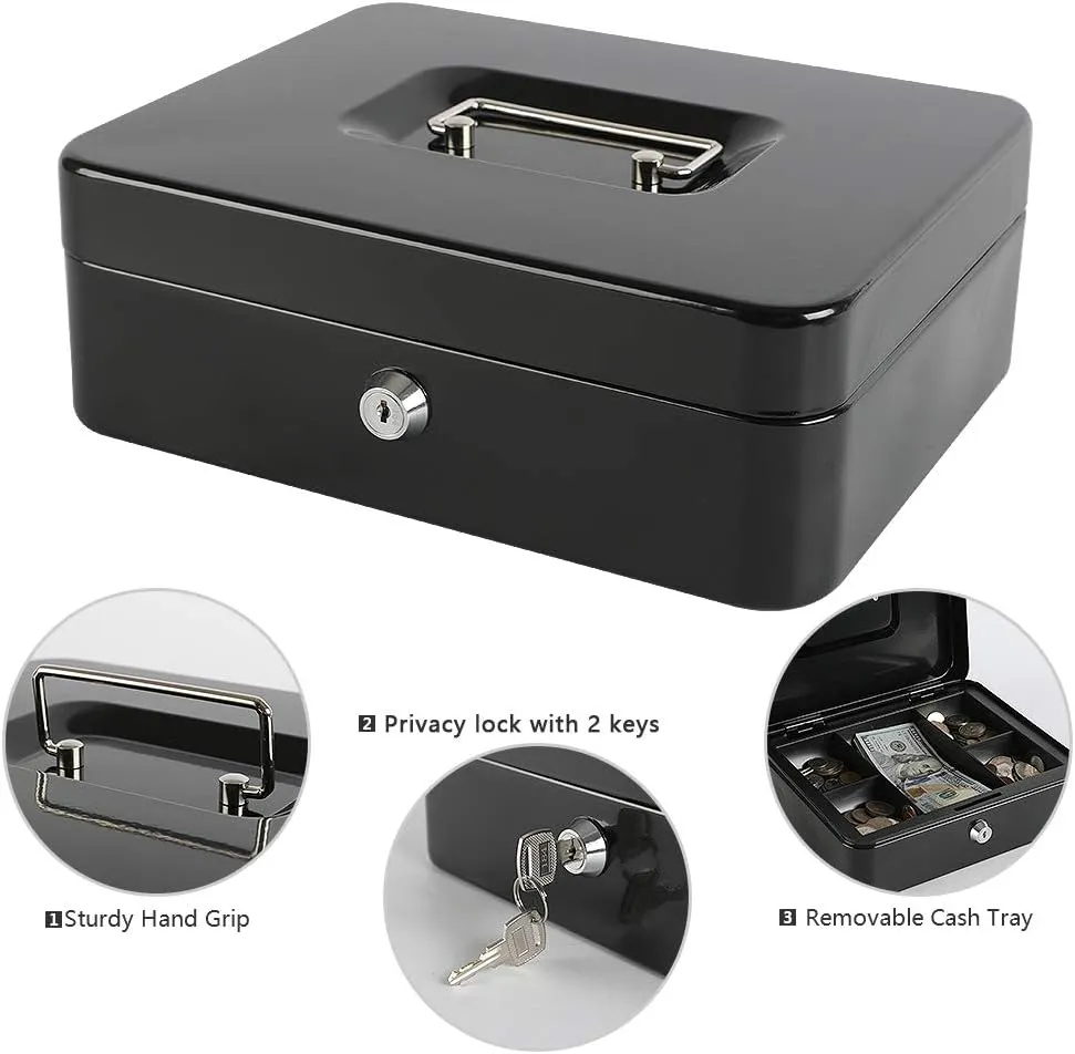 xydled Locking Steel Large Cash Box with Removable Coin Tray and Key Lock,9.84"x 7.87"x 3.54",Black