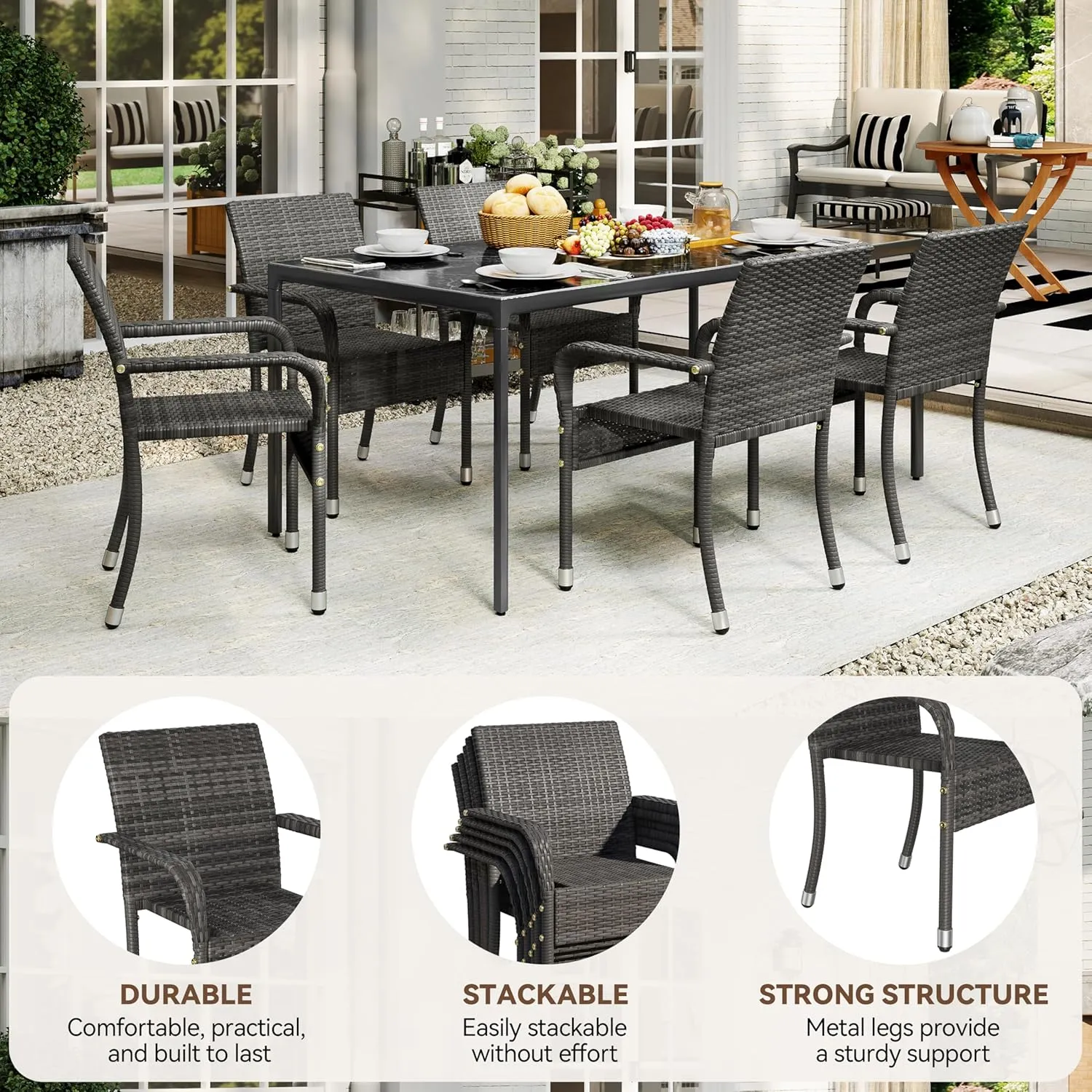 Yaheetech Set of 6 Stackable Outdoor Rattan Dining Chairs, All-Weather Armchair w/Armrests, Steel Frame for Garden, Patio, Deck, Yard, Poolside Gray