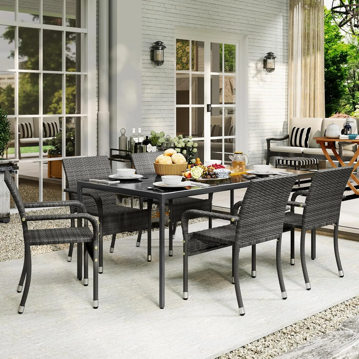 Yaheetech Set of 6 Stackable Outdoor Rattan Dining Chairs, All-Weather Armchair w/Armrests, Steel Frame for Garden, Patio, Deck, Yard, Poolside Gray