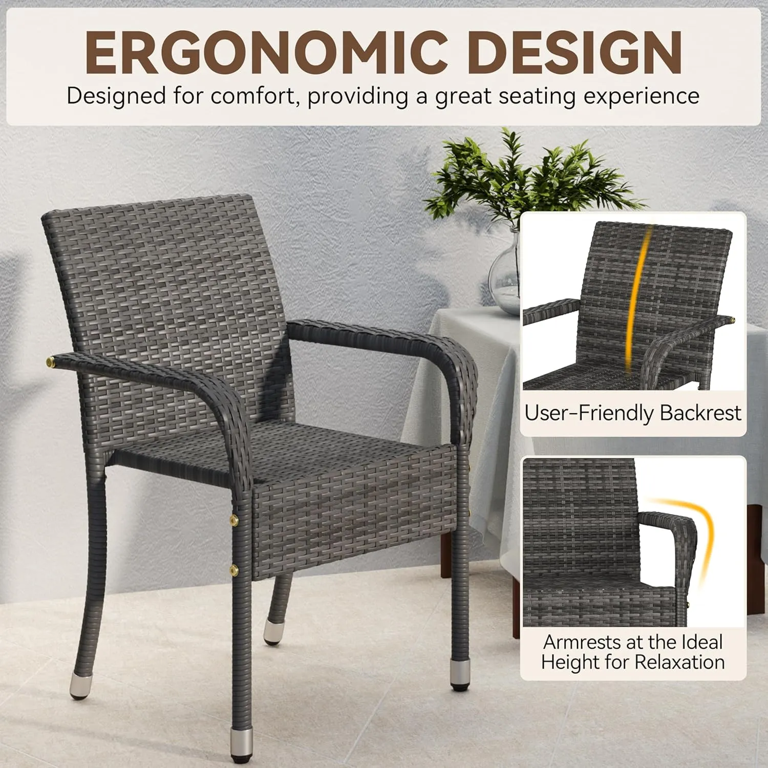 Yaheetech Set of 6 Stackable Outdoor Rattan Dining Chairs, All-Weather Armchair w/Armrests, Steel Frame for Garden, Patio, Deck, Yard, Poolside Gray