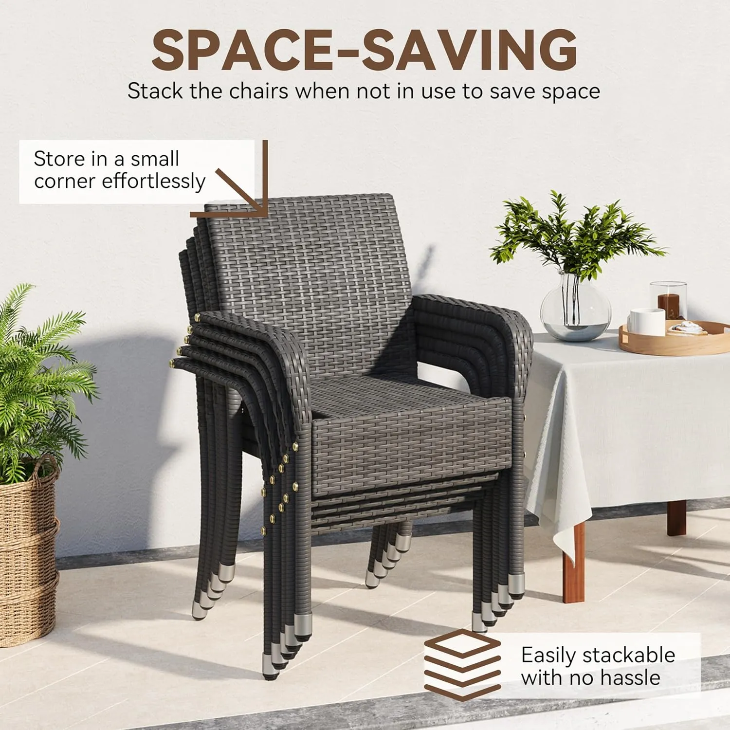 Yaheetech Set of 6 Stackable Outdoor Rattan Dining Chairs, All-Weather Armchair w/Armrests, Steel Frame for Garden, Patio, Deck, Yard, Poolside Gray