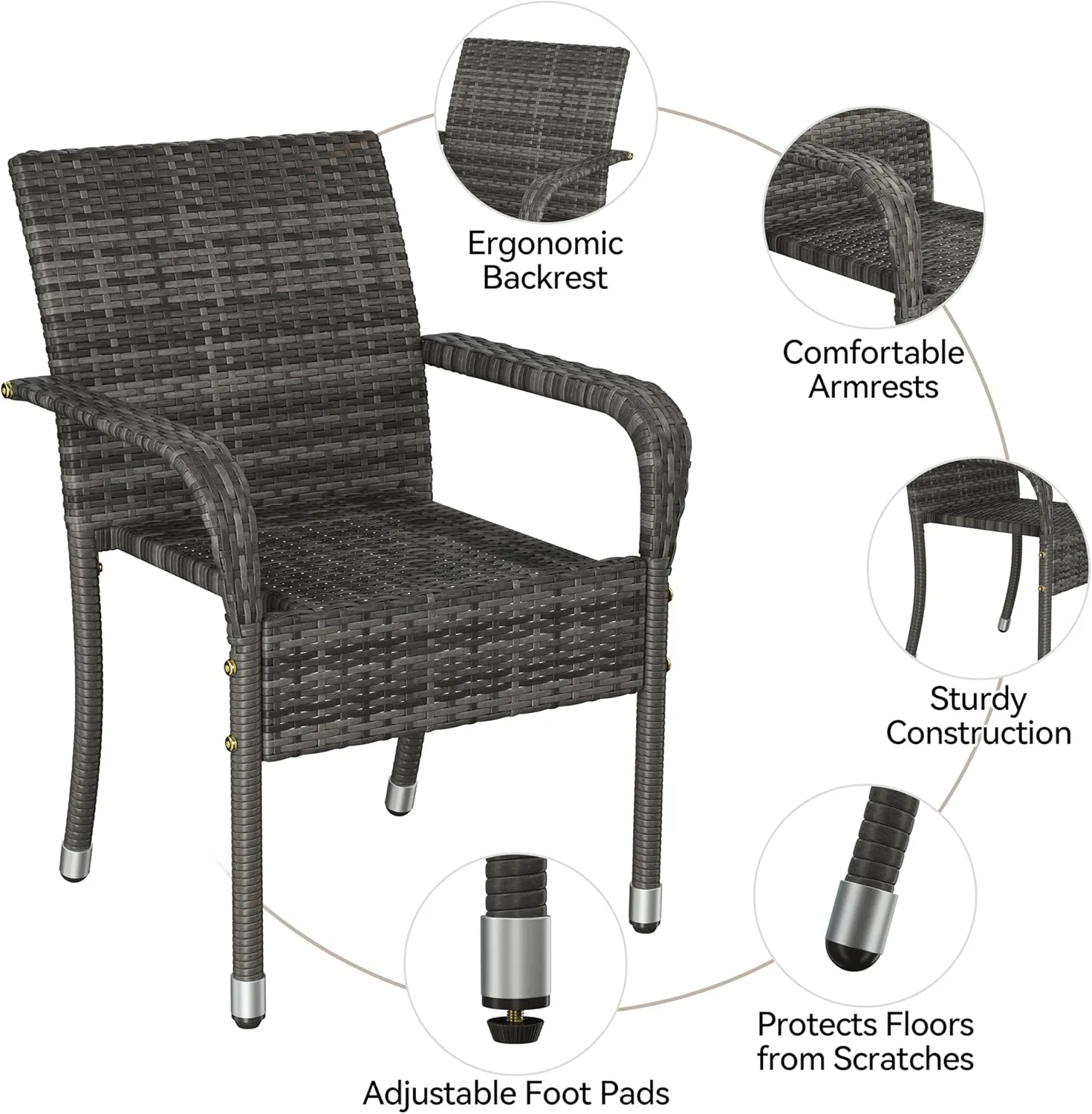 Yaheetech Set of 6 Stackable Outdoor Rattan Dining Chairs, All-Weather Armchair w/Armrests, Steel Frame for Garden, Patio, Deck, Yard, Poolside Gray