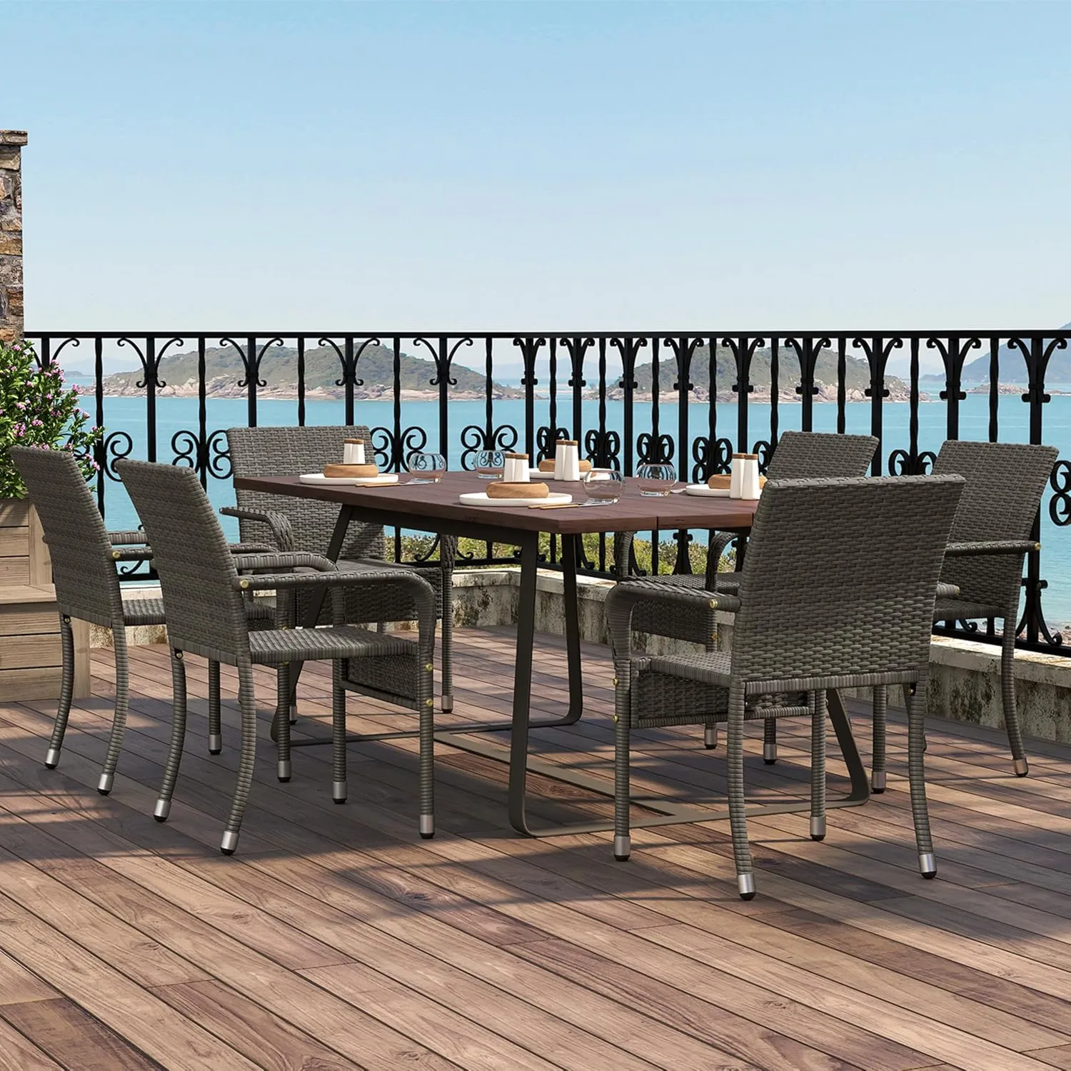 Yaheetech Set of 6 Stackable Outdoor Rattan Dining Chairs, All-Weather Armchair w/Armrests, Steel Frame for Garden, Patio, Deck, Yard, Poolside Gray