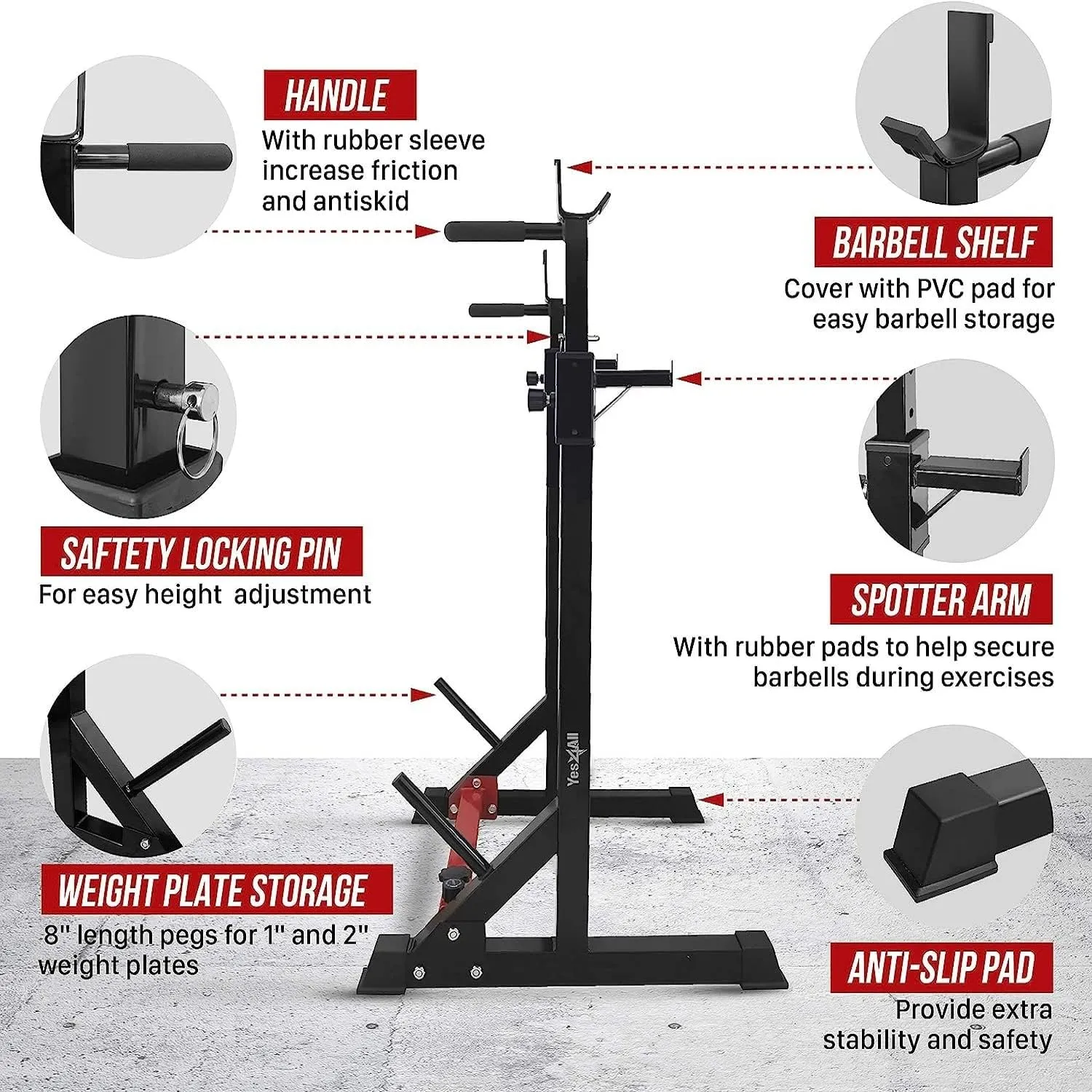 Yes4All Squat Rack for Home Gym, Adjustable Barbell Stand Rack, Multi-Function Weight Lifting, Dip Bar Station, Bench Press Rack Stand, Weight Plate Storage - Capacity Up to 600LBS