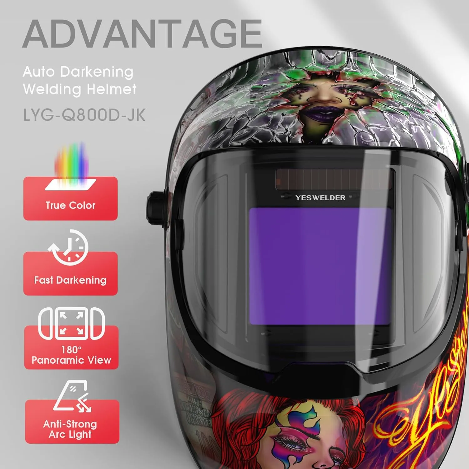 YESWELDER Large Viewing True Color Solar Powered Auto Darkening Silver Welding Helmet with SIDE VIEW, 4 Arc Sensor Wide Shade 4/5-9/9-13 Welder Mask for TIG MIG ARC Grinding Plasma LYG-Q800D-JK