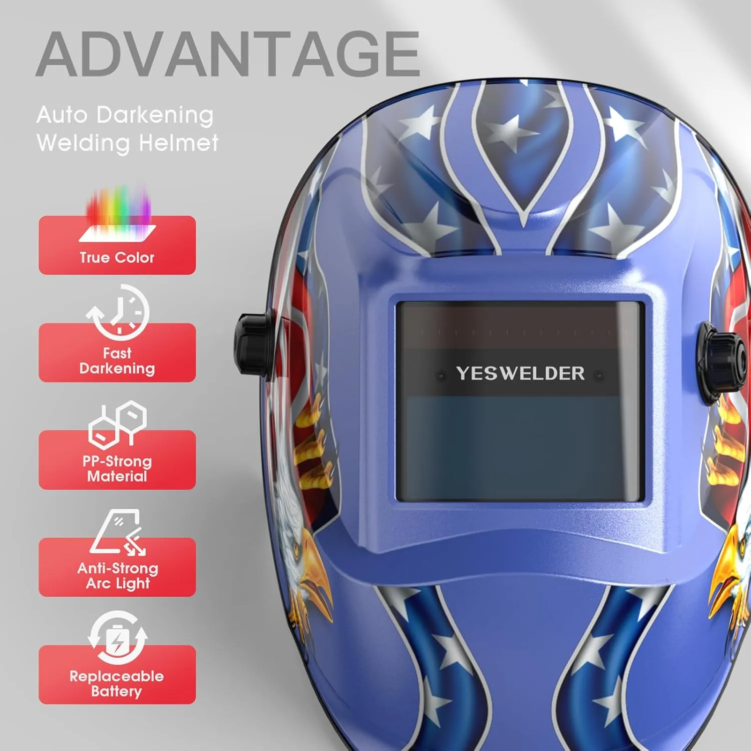 YESWELDER True Color Solar Powered Auto Darkening Welding Helmet, Wide Shade 4/9-13 for TIG MIG ARC Weld Hood Helmet LYG-L600A-BE