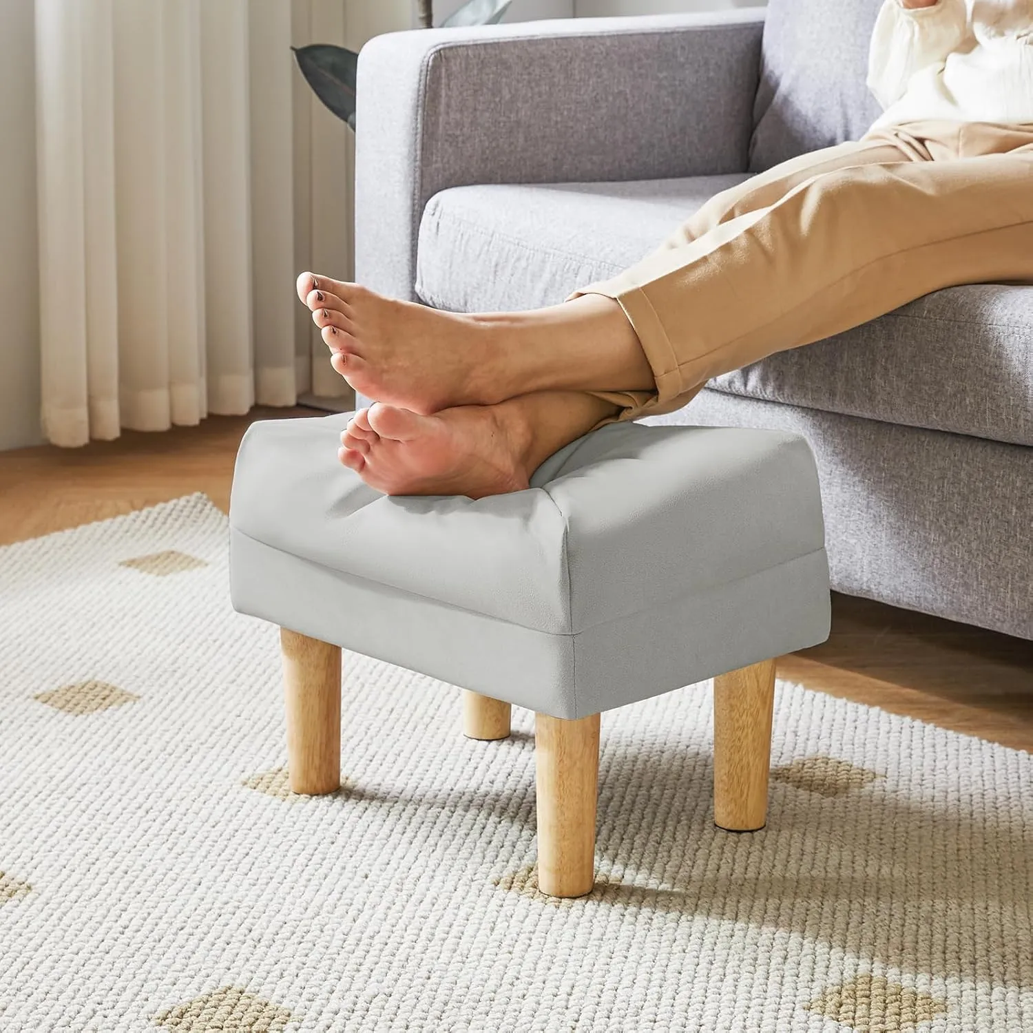 YMYNY Small Footstool Ottoman, Faux Leather Footrest with Sponge Padded Seat, Step Stool for Sofa, Bedroom, Living Room, Entryway, Modern Change Shoes Stool 15.75" D × 11.42" W×12.6" H Gray UHBD040G