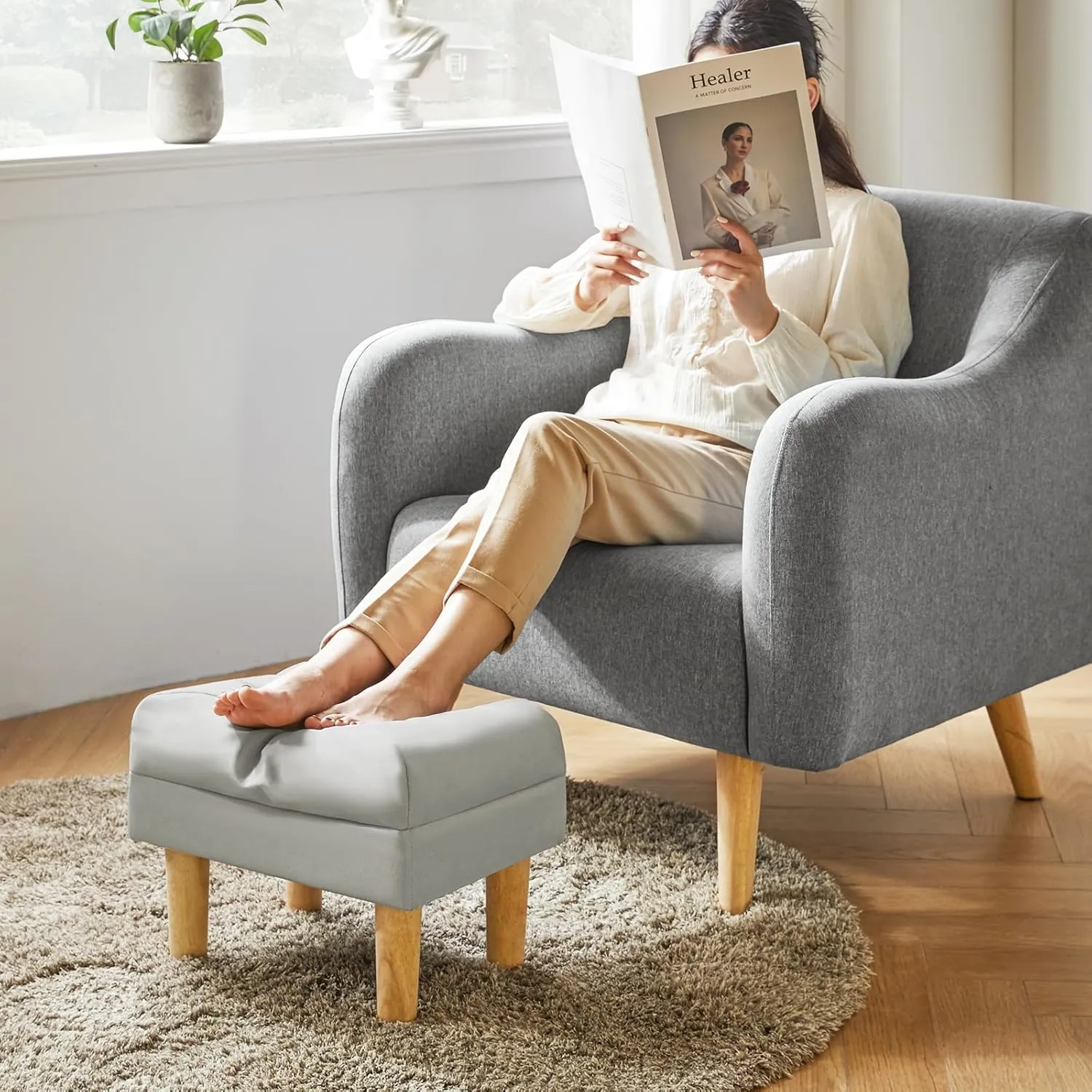 YMYNY Small Footstool Ottoman, Faux Leather Footrest with Sponge Padded Seat, Step Stool for Sofa, Bedroom, Living Room, Entryway, Modern Change Shoes Stool 15.75" D × 11.42" W×12.6" H Gray UHBD040G
