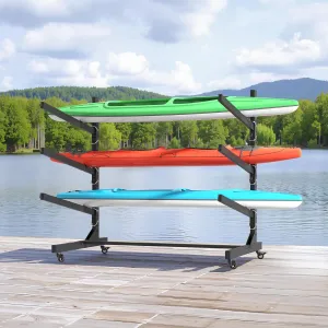 ynxaria 41" Freestanding Kayak Storage Rack - Triple Kayak Holder with Adjustable Stand, Lockable 360° Wheels, and Rust-Resistant Coating for Kayaks, Canoes, SUPs & Surfboards