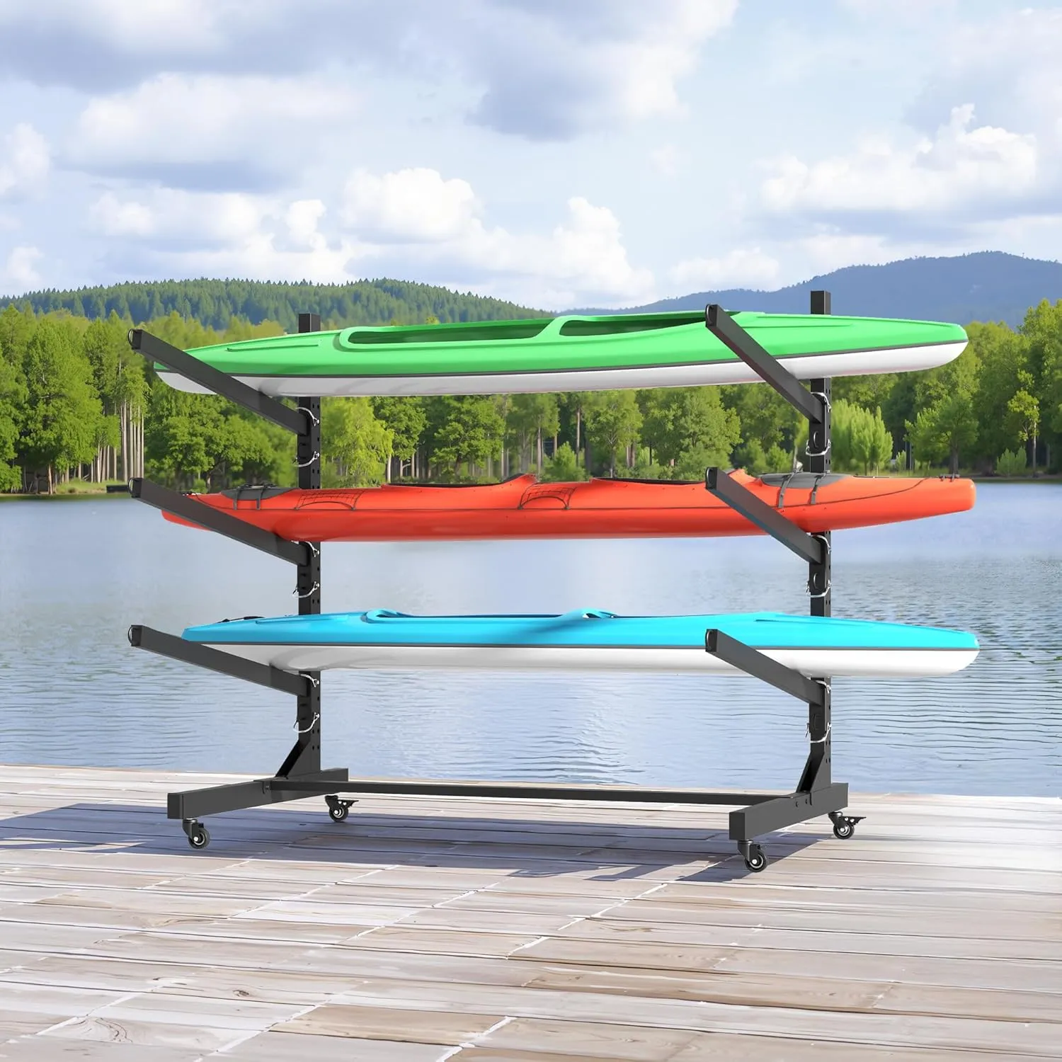 ynxaria 41" Freestanding Kayak Storage Rack - Triple Kayak Holder with Adjustable Stand, Lockable 360° Wheels, and Rust-Resistant Coating for Kayaks, Canoes, SUPs & Surfboards