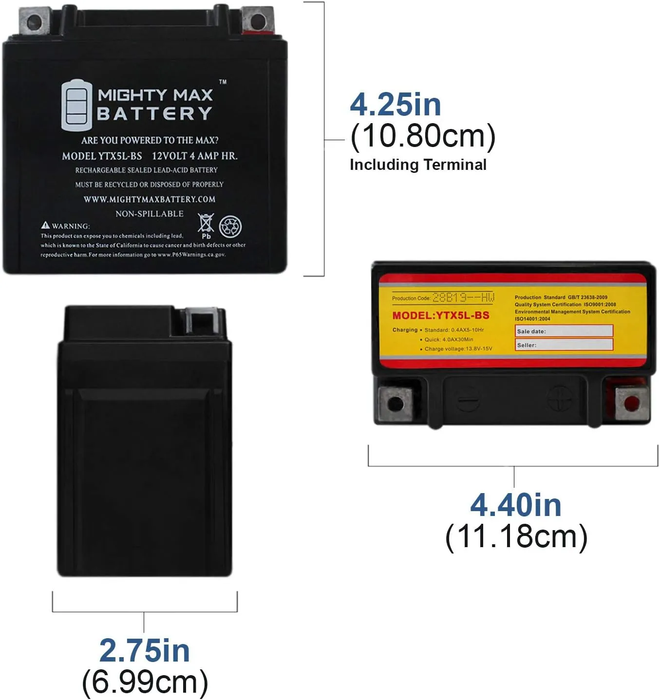 YTX5L-BS -12 Volt 4 AH, 80 CCA, Rechargeable Maintenance Free SLA AGM Motorcycle Battery