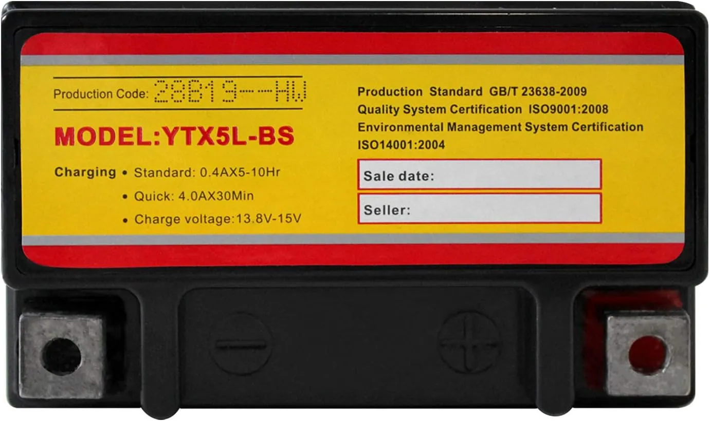 YTX5L-BS -12 Volt 4 AH, 80 CCA, Rechargeable Maintenance Free SLA AGM Motorcycle Battery