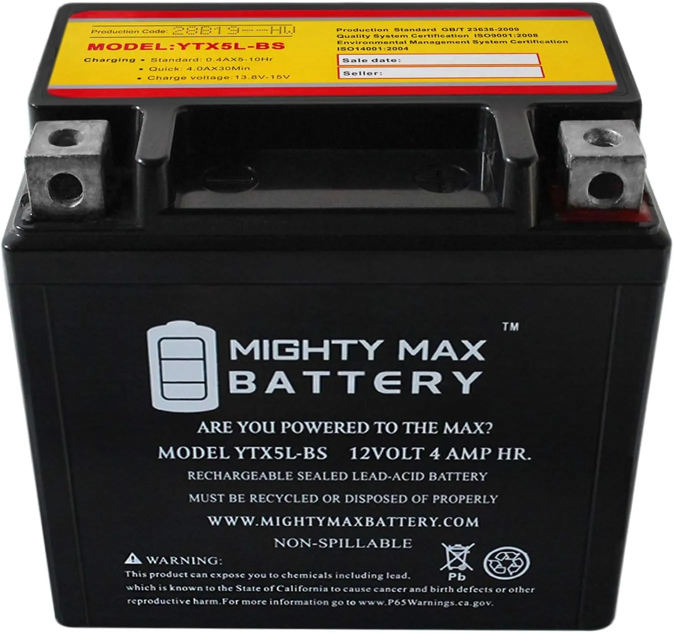 YTX5L-BS -12 Volt 4 AH, 80 CCA, Rechargeable Maintenance Free SLA AGM Motorcycle Battery