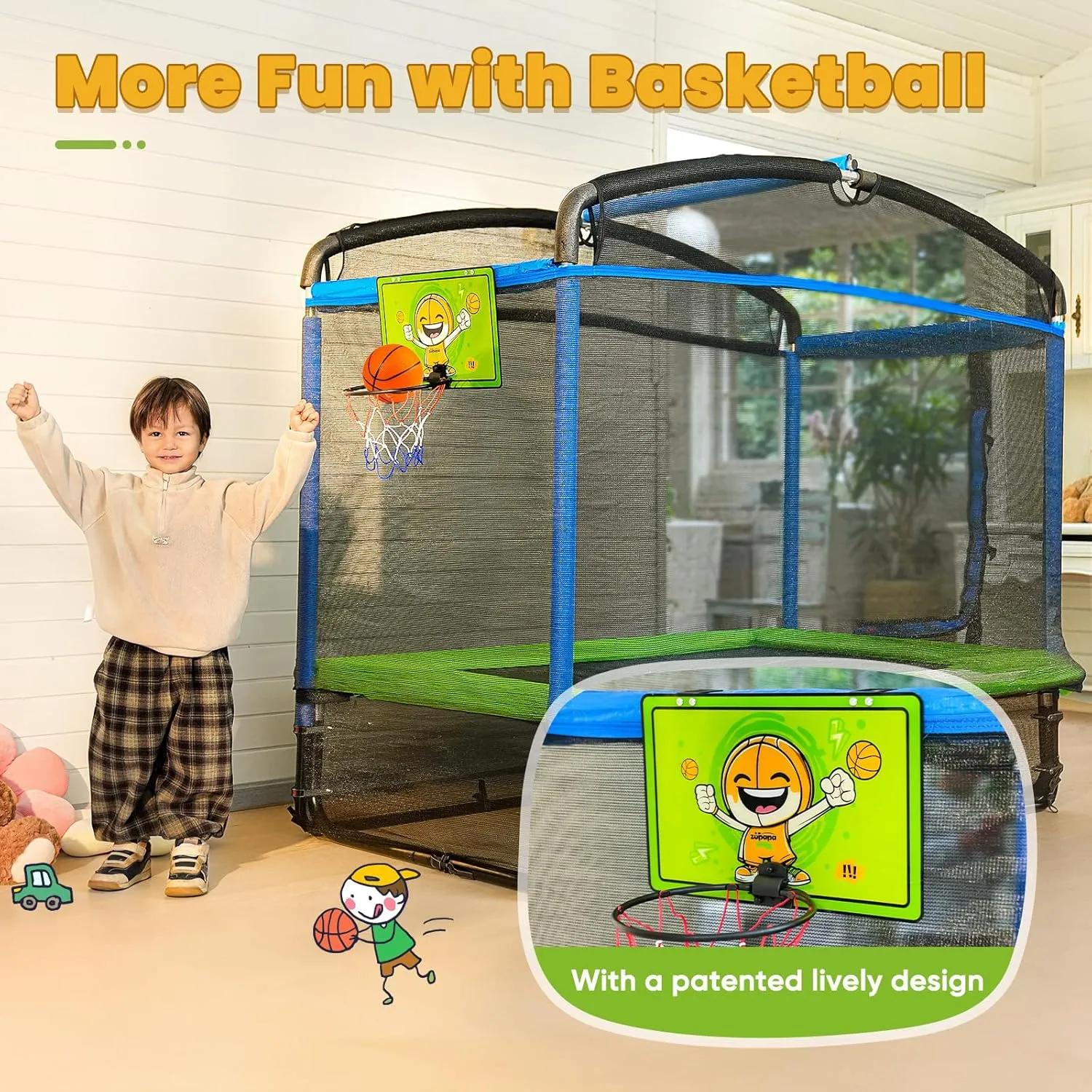 Zupapa 4X6FT Rectangle Trampoline with Hammock Chair, Basketball Hoop, and Safety Net - Indoor/Outdoor 5 in 1 Kids Trampoline for Toddlers Ages 3-6, 220LBS Capacity, Heavy-Duty Galvanized Steel Frame