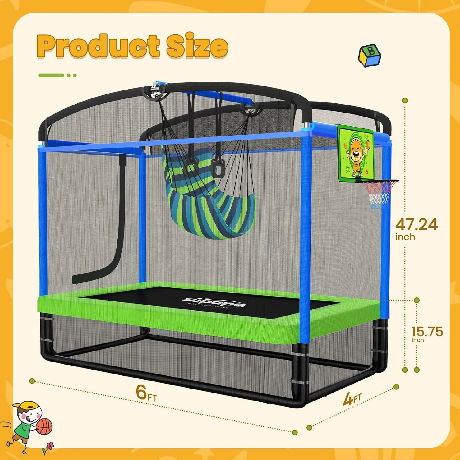 Zupapa 4X6FT Rectangle Trampoline with Hammock Chair, Basketball Hoop, and Safety Net - Indoor/Outdoor 5 in 1 Kids Trampoline for Toddlers Ages 3-6, 220LBS Capacity, Heavy-Duty Galvanized Steel Frame