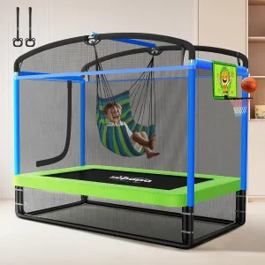Zupapa 4X6FT Rectangle Trampoline with Hammock Chair, Basketball Hoop, and Safety Net - Indoor/Outdoor 5 in 1 Kids Trampoline for Toddlers Ages 3-6, 220LBS Capacity, Heavy-Duty Galvanized Steel Frame