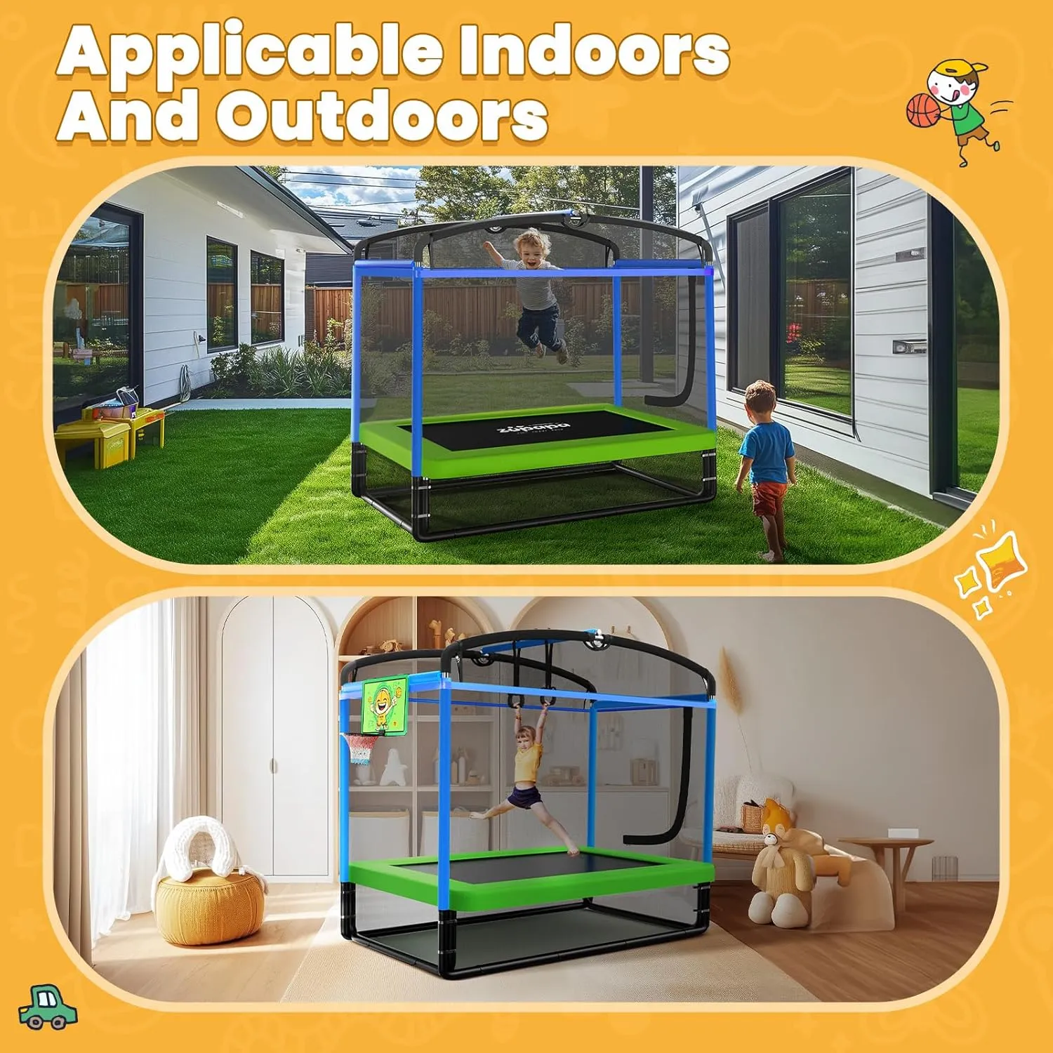 Zupapa 4X6FT Rectangle Trampoline with Hammock Chair, Basketball Hoop, and Safety Net - Indoor/Outdoor 5 in 1 Kids Trampoline for Toddlers Ages 3-6, 220LBS Capacity, Heavy-Duty Galvanized Steel Frame